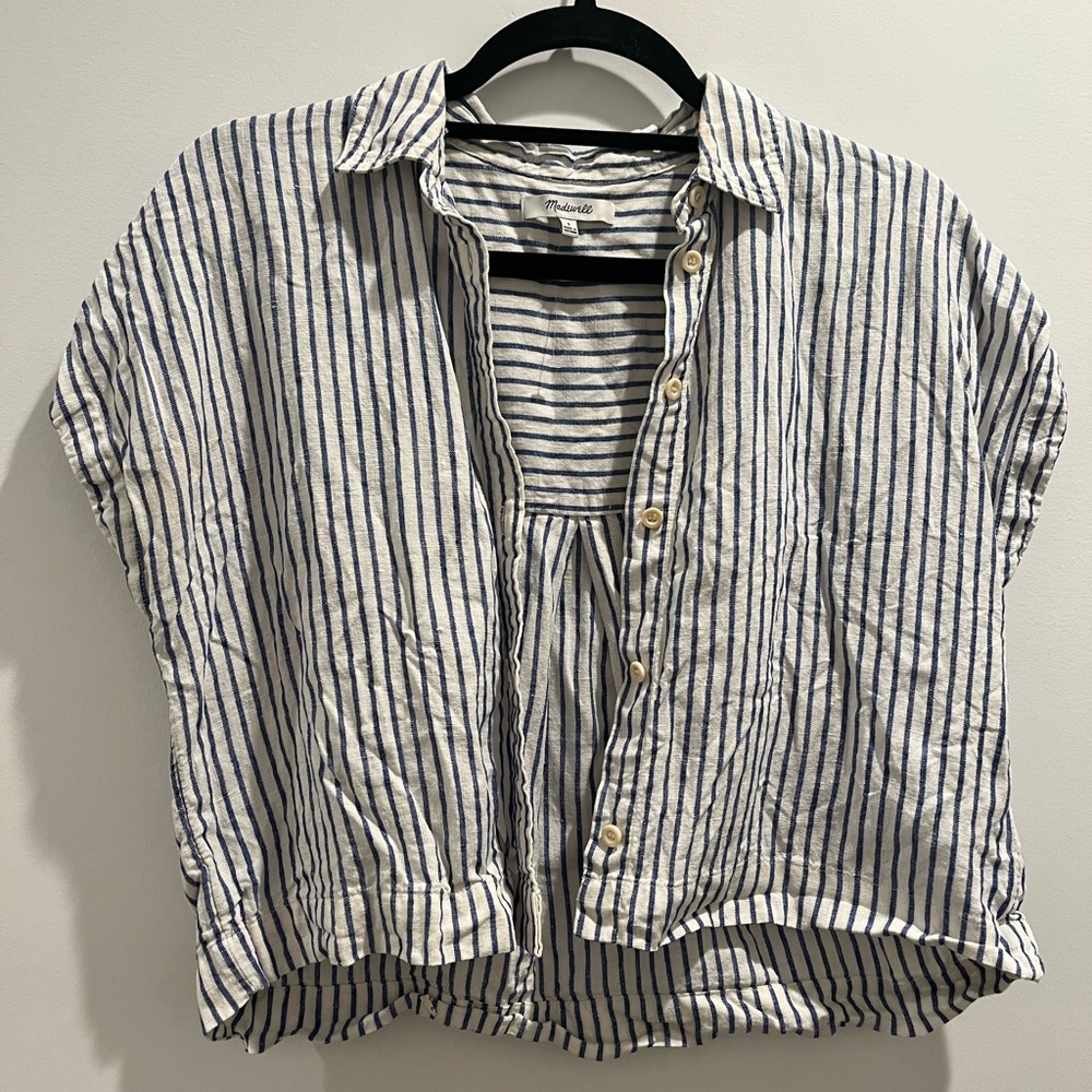 Madewell Navy and White Striped Cropped Linen Shirt
